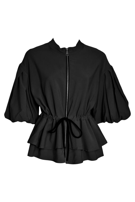 Black Dipped Hem Tie Waist Zip Up Top
