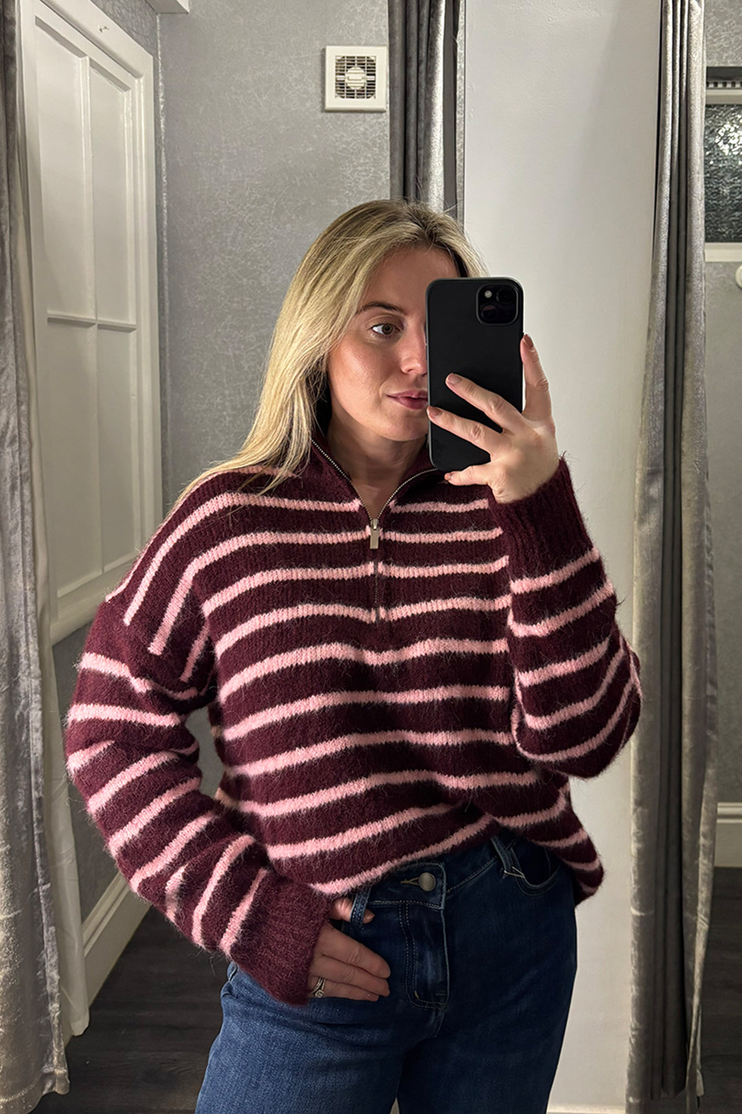 Burgundy & Pink Striped Knitted Quarter Zip Jumper