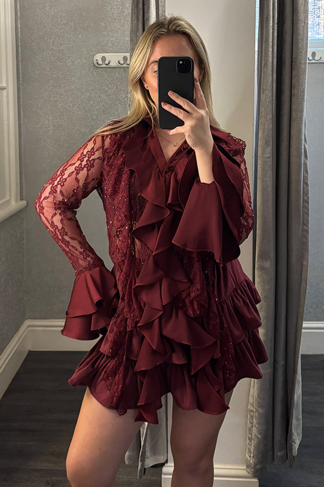 Burgundy Velvet Tiered Ruffle Skirt