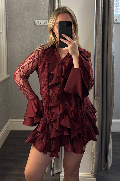 Burgundy Velvet Tiered Ruffle Skirt