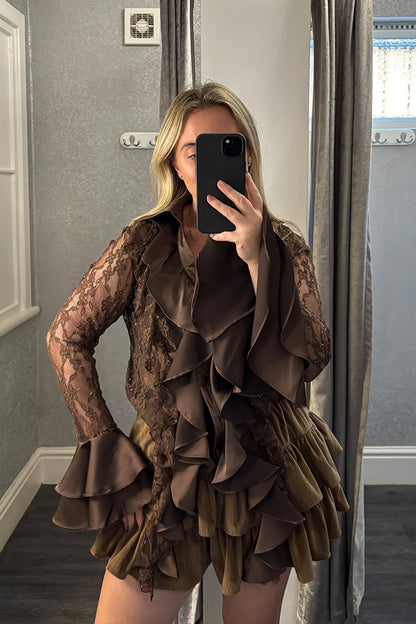 Brown Lace & Satin Frill Shirt