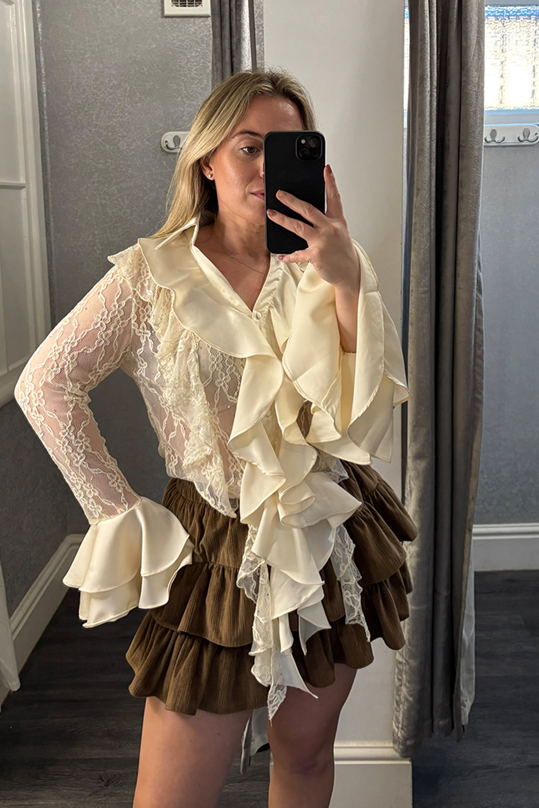 Brown Velvet Tiered Ruffle Skirt