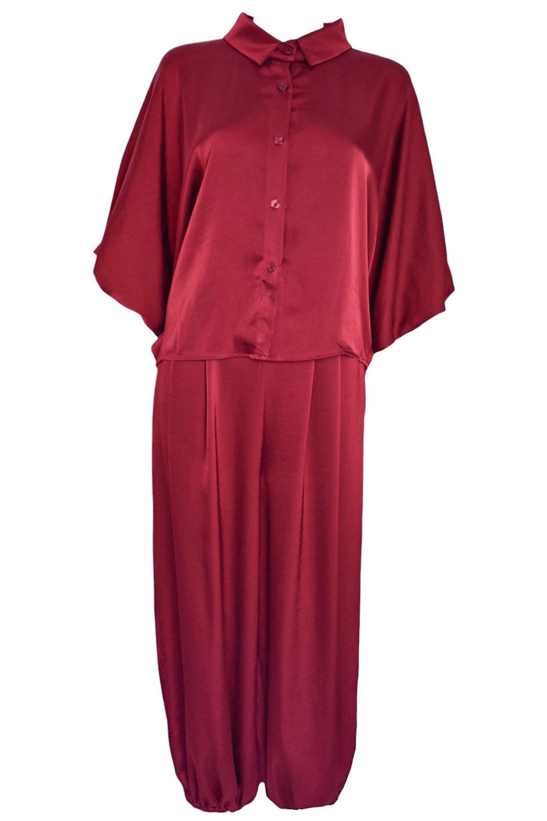 Wine Satin Shirt & Balloon Trousers Co-ord