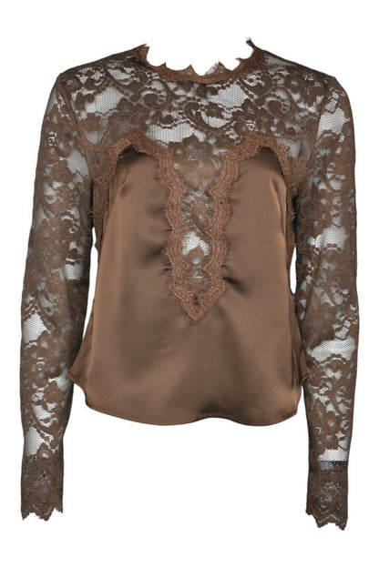 Brown Satin & Lace Long Sleeve Top