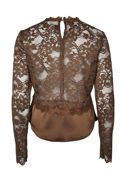 Brown Satin & Lace Long Sleeve Top