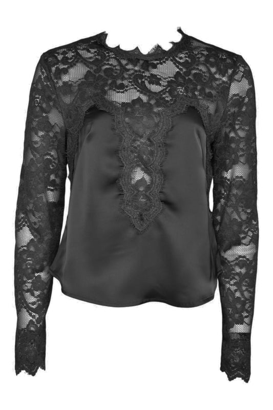 Black Satin & Lace Long Sleeve Top