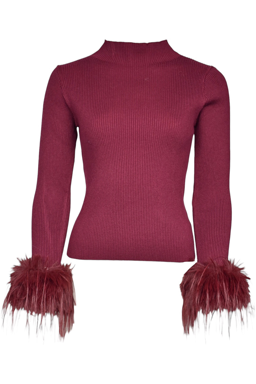 Burgundy Fur Cuff Ribbed Top