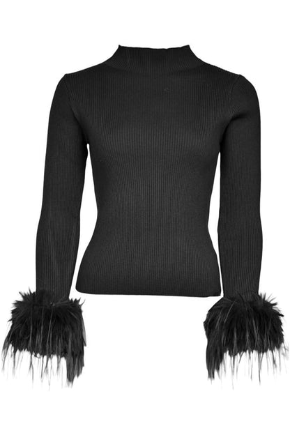 Black Fur Cuff Ribbed Top