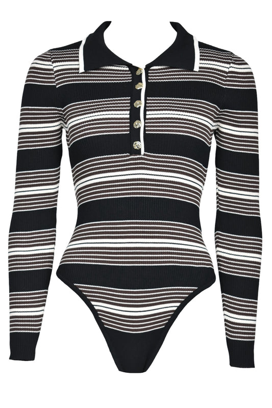 Black, Brown & Cream Striped Buttoned Bodysuit