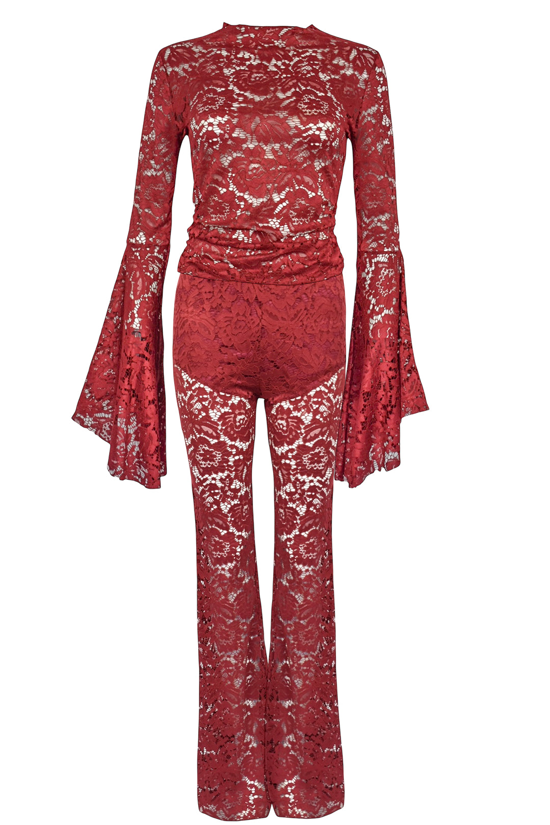 Burgundy Lace Flared Sleeve Top & Trousers Co-ord