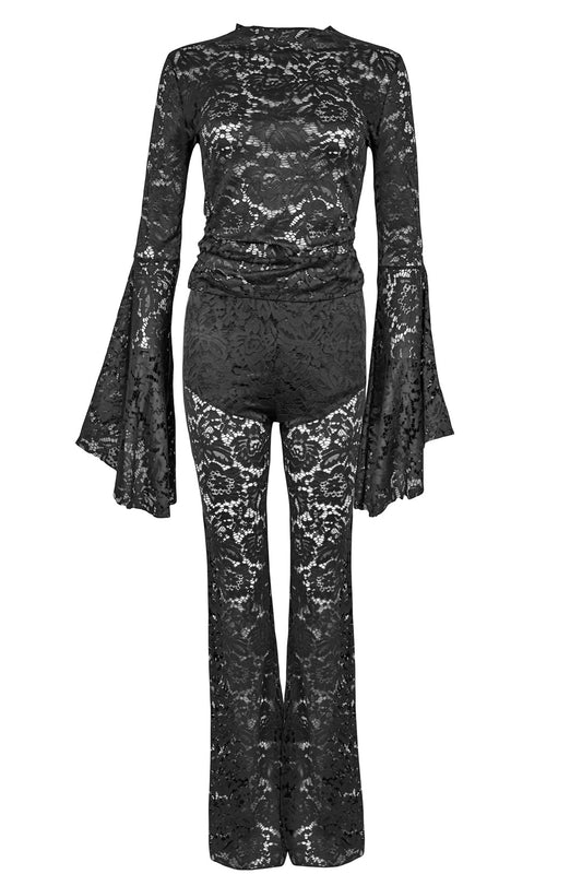 Black Lace Flared Sleeve Top & Trousers Co-ord