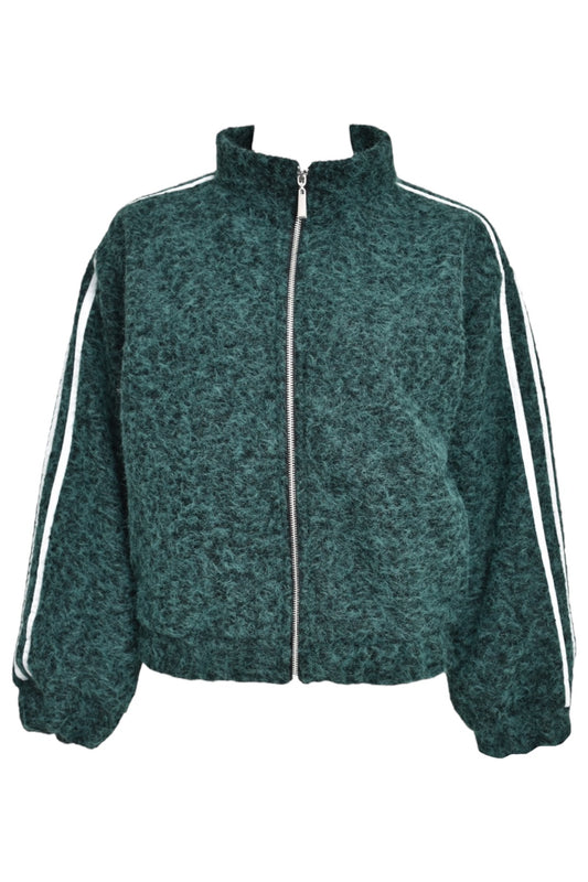 Green Striped Sleeve Woollen Bomber Jacket