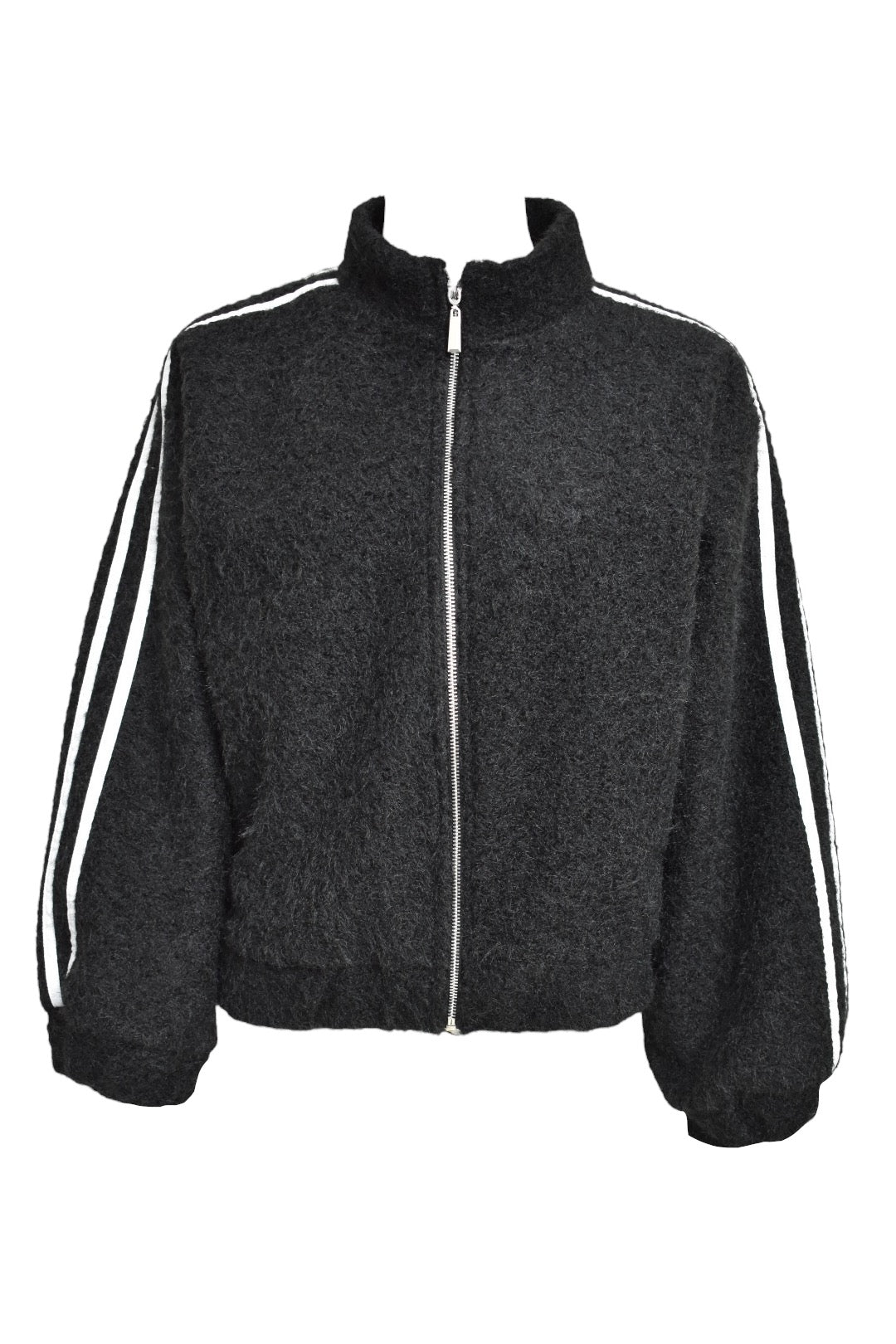 Black Striped Sleeve Woollen Bomber Jacket