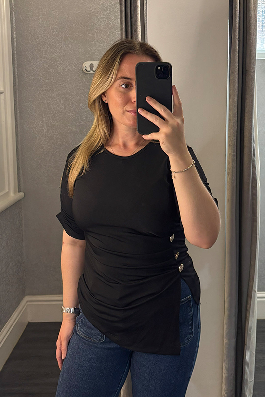 Black Gold Button Ruched Side T-Shirt