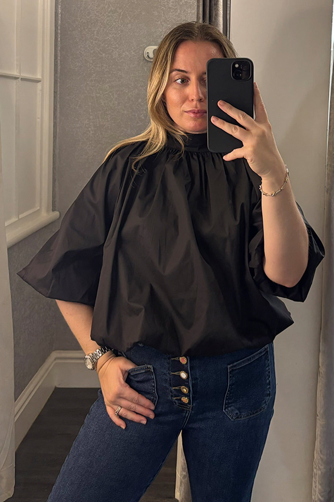 Black Bubble Hem Tie Blouse