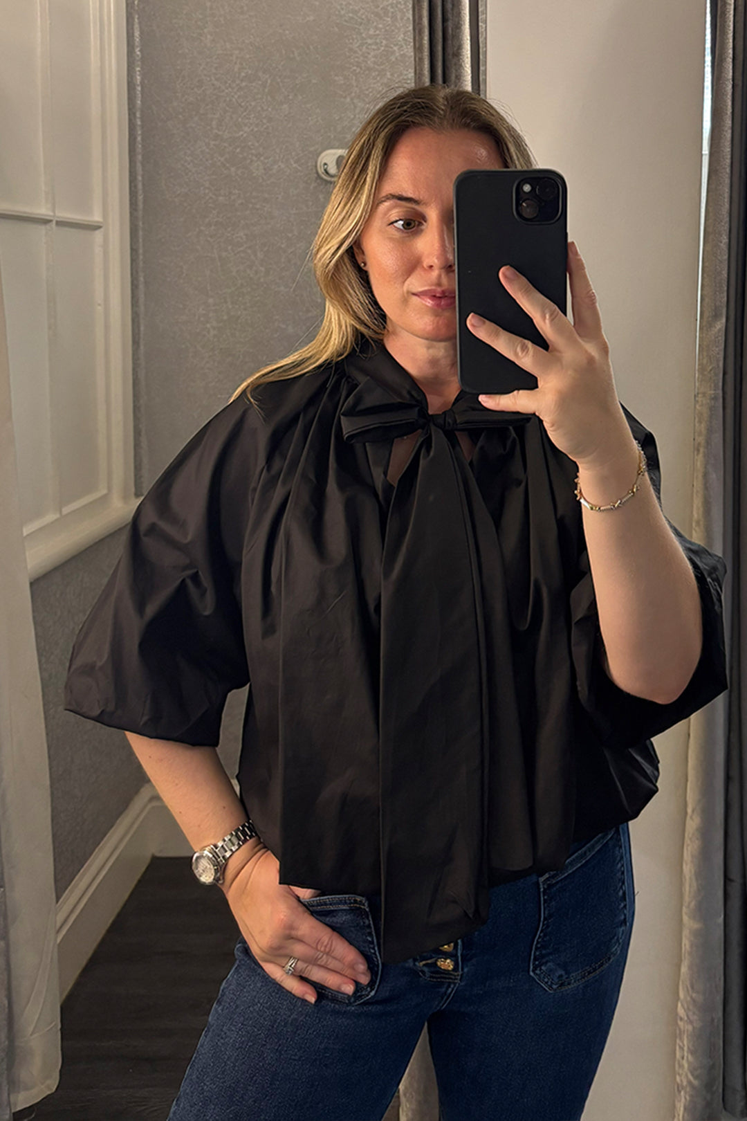 Black Bubble Hem Tie Blouse