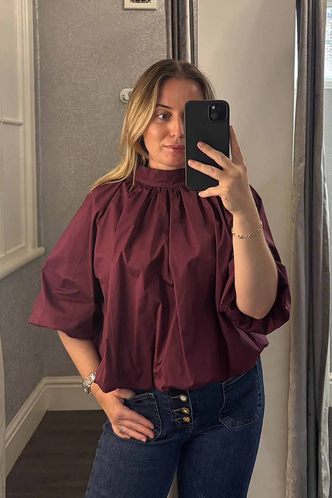 Wine Bubble Hem Tie Blouse