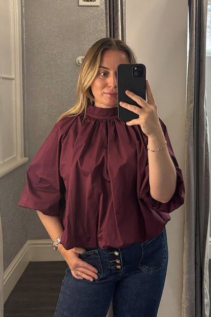 Wine Bubble Hem Tie Blouse