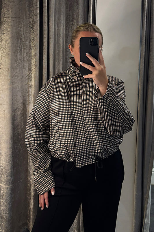 Black Checked Funnel Neck Jacket