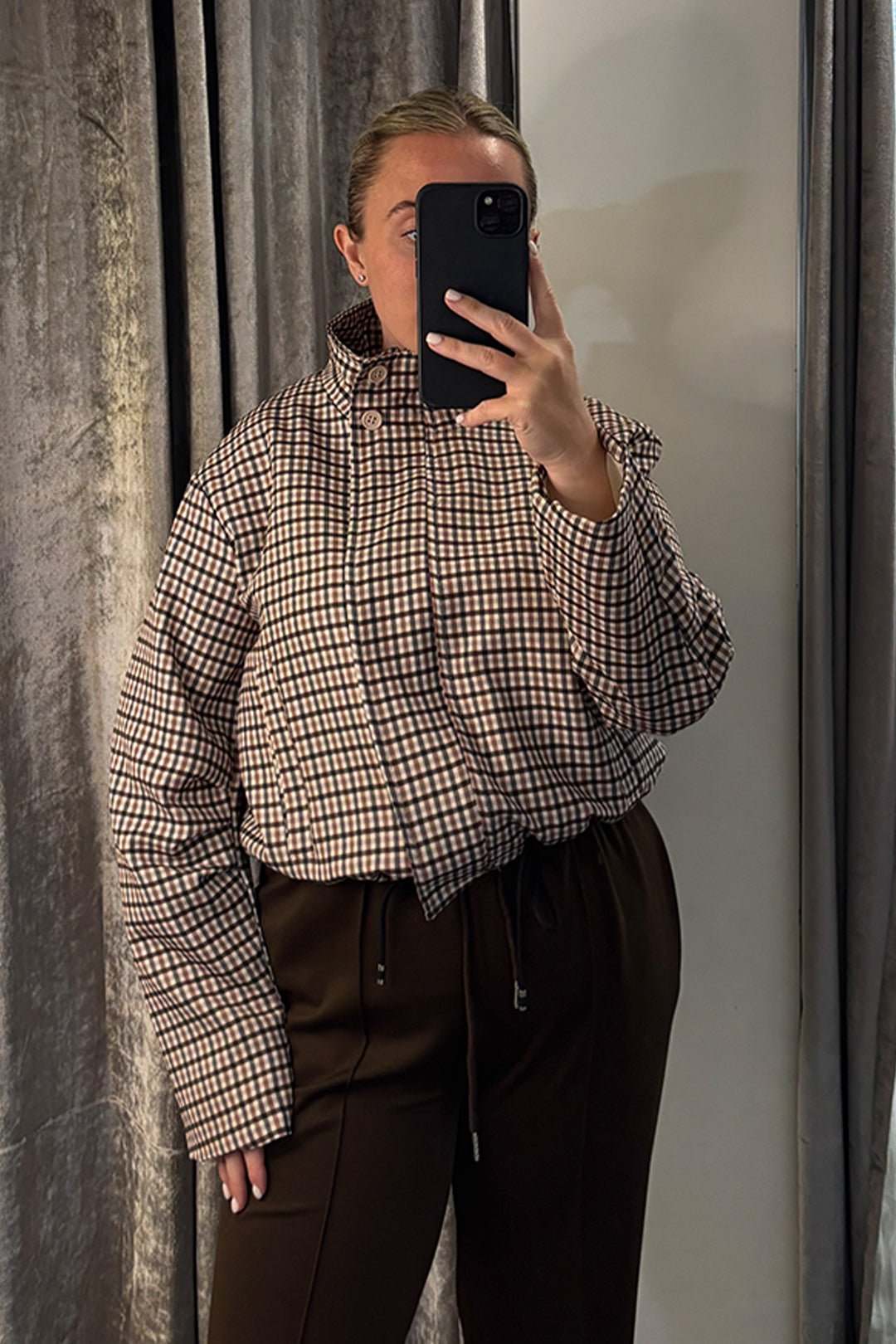 Brown Checked Funnel Neck Jacket