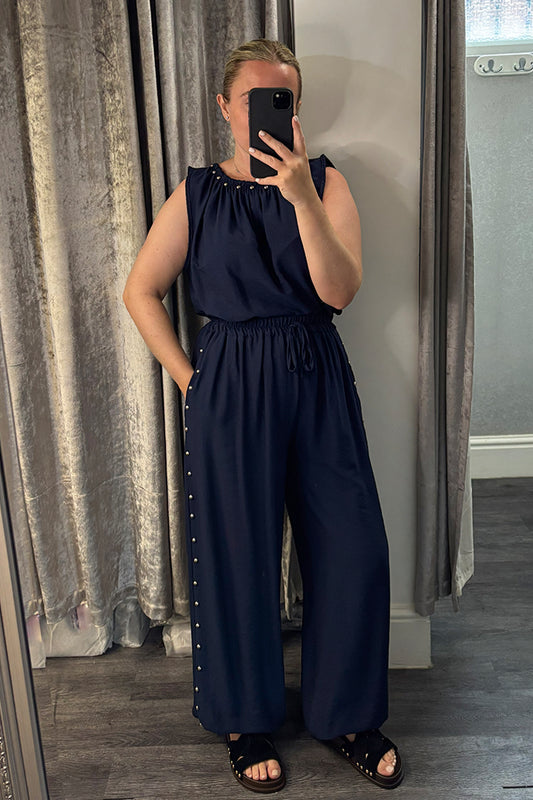 Navy Stud Detail Vest & Cuffed Trousers Co-ord