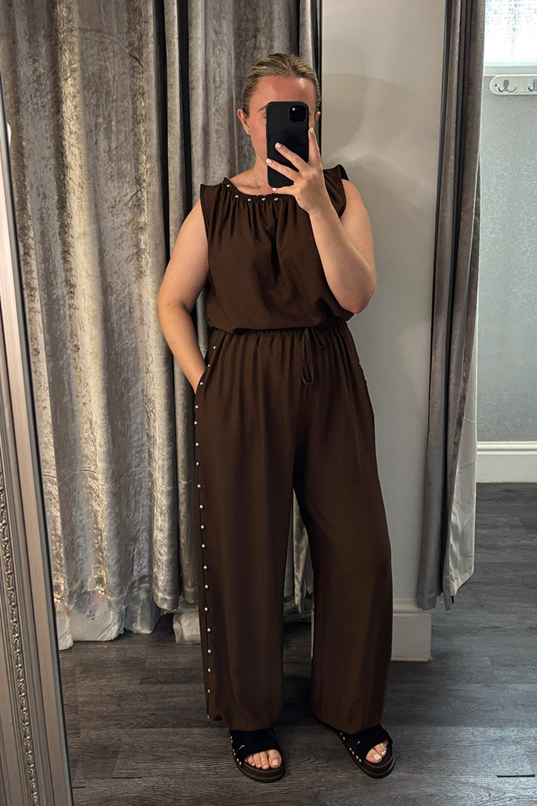 Brown Stud Detail Vest & Cuffed Trousers Co-ord