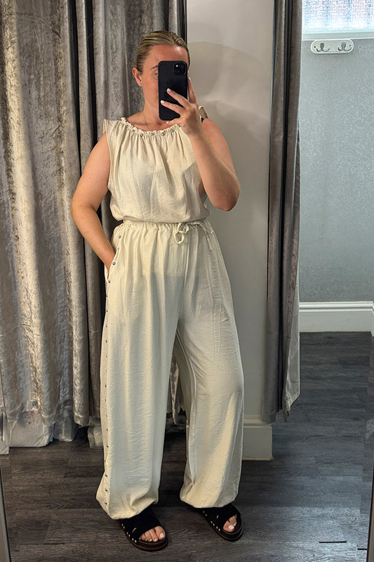 Cream Stud Detail Vest & Cuffed Trousers Co-ord