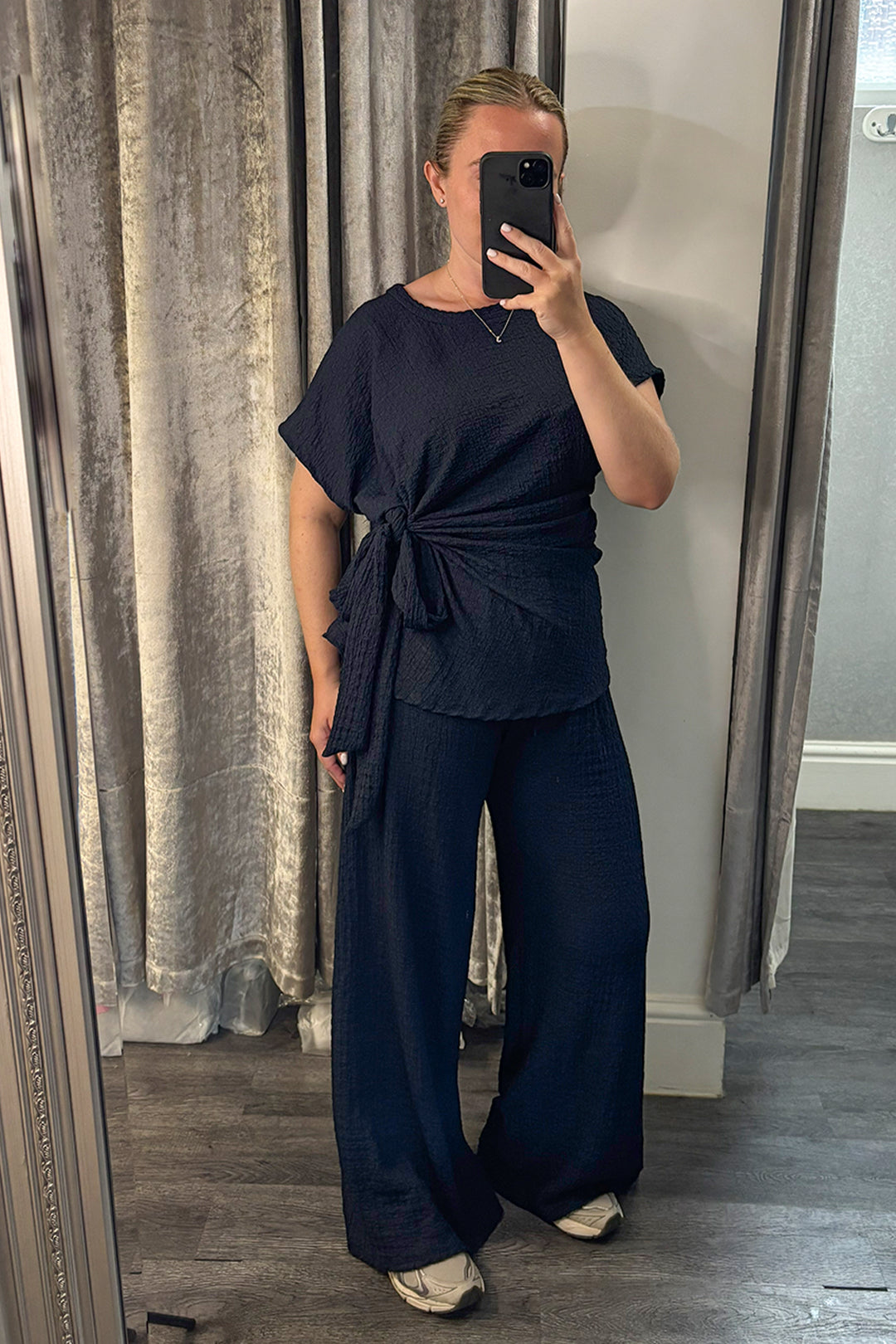 Navy Crinkle Side Tie Top & Wide Leg Trousers Co-ord