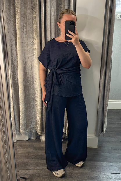 Navy Crinkle Side Tie Top & Wide Leg Trousers Co-ord