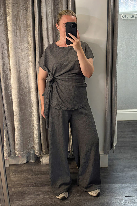Grey Crinkle Side Tie Top & Wide Leg Trousers Co-ord