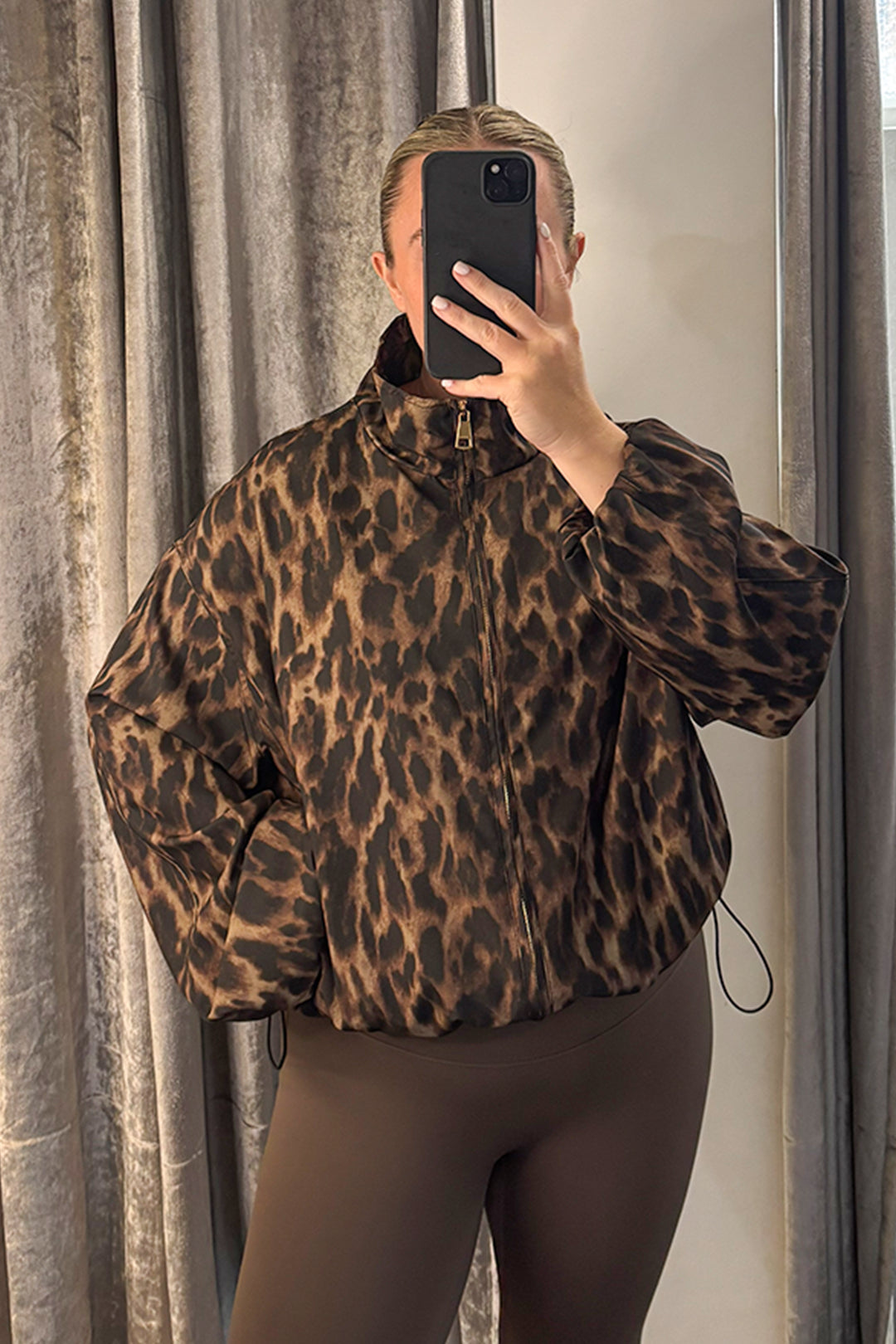 Animal Print Drawstring Funnel Neck Jacket