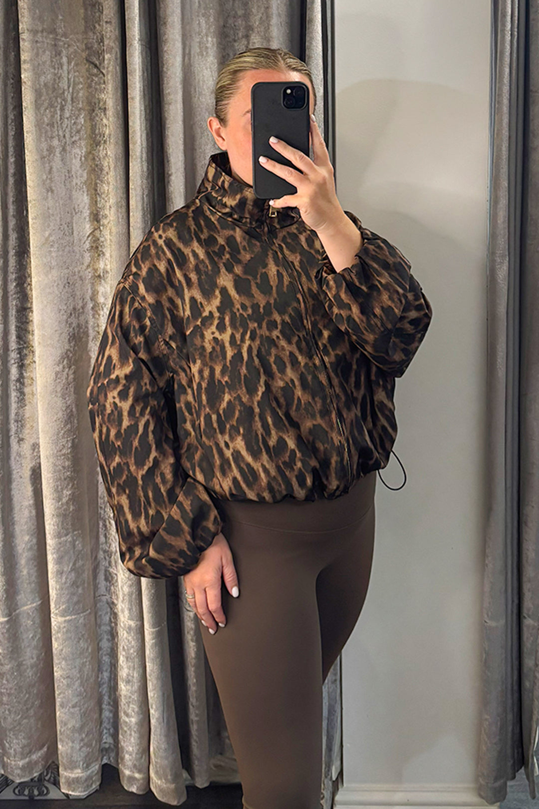 Animal Print Drawstring Funnel Neck Jacket