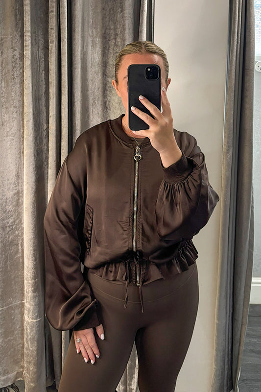 Brown Satin Tie Waist Bomber Jacket
