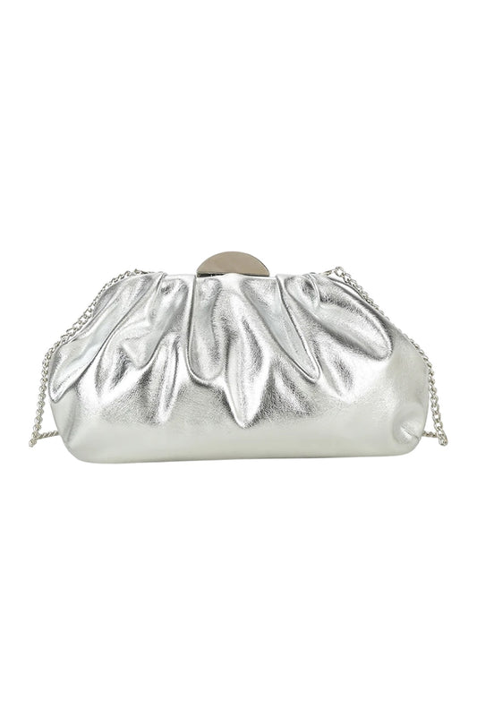 Silver Ruched Pouch Metal Clasp Clutch