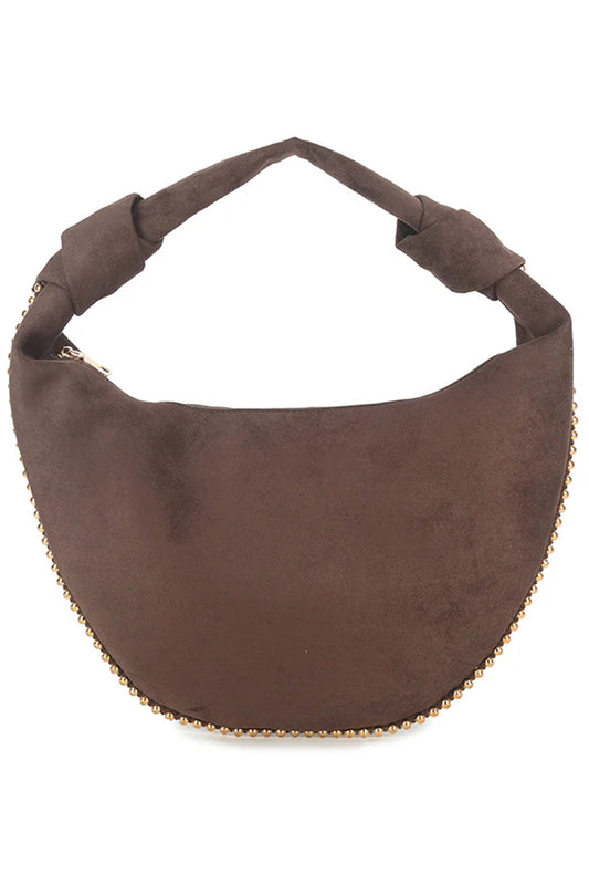 Brown Faux Suede Studded Shoulder Bag
