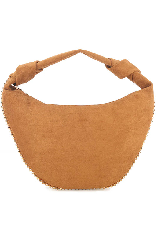 Tan Faux Suede Studded Shoulder Bag