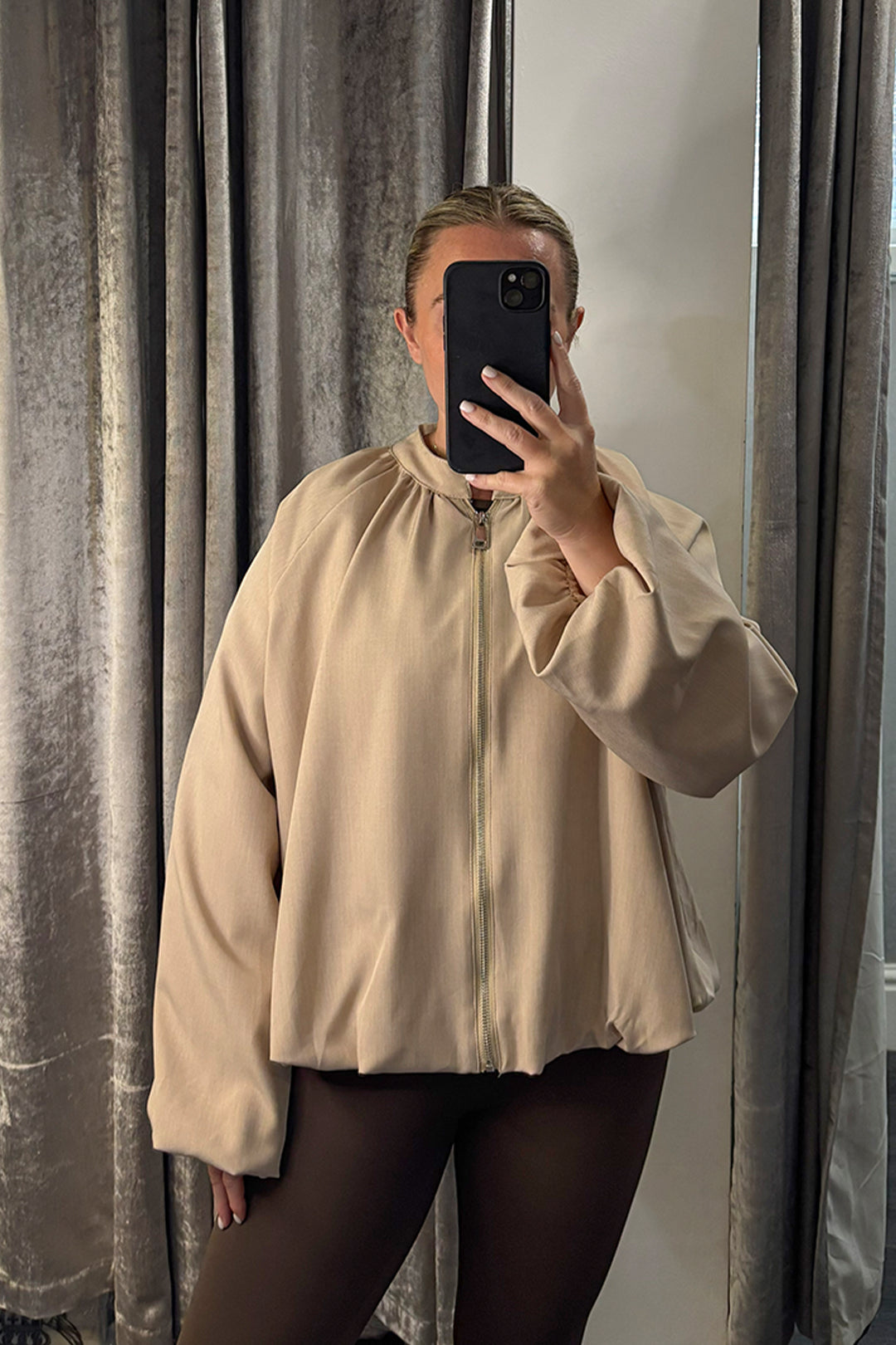 Beige Bubble Hem & Sleeves Zipped Jacket