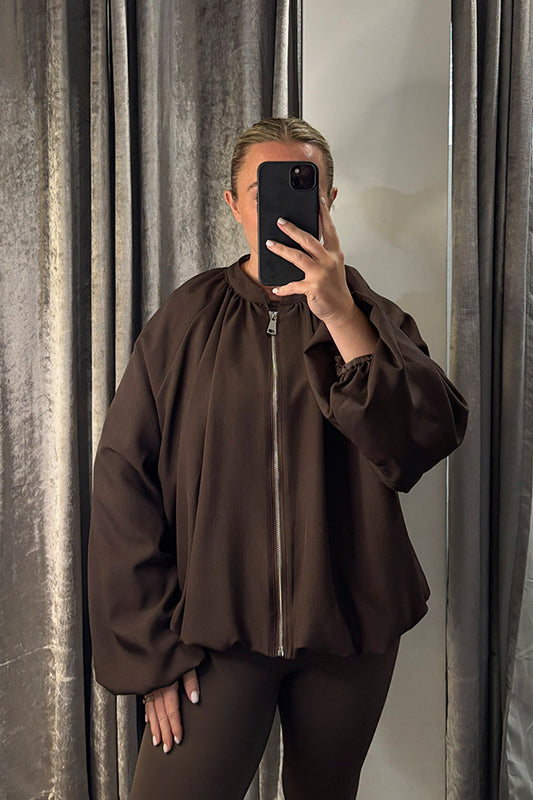 Brown Bubble Hem & Sleeves Zipped Jacket