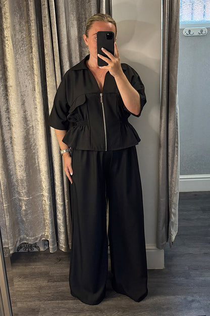 Black Elasticated Peplum Jacket & Wide Leg Trousers Co-ord