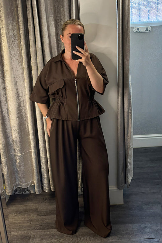 Brown Elasticated Peplum Jacket & Wide Leg Trousers Co-ord