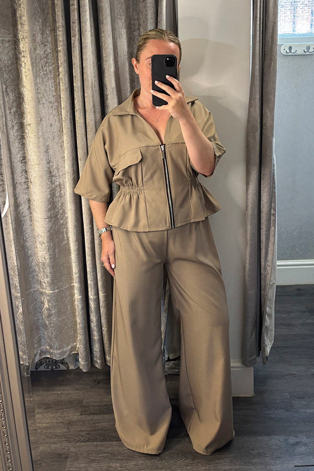 Taupe Elasticated Peplum Jacket & Wide Leg Trousers Co-ord