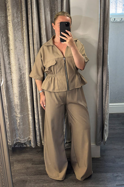 Taupe Elasticated Peplum Jacket & Wide Leg Trousers Co-ord