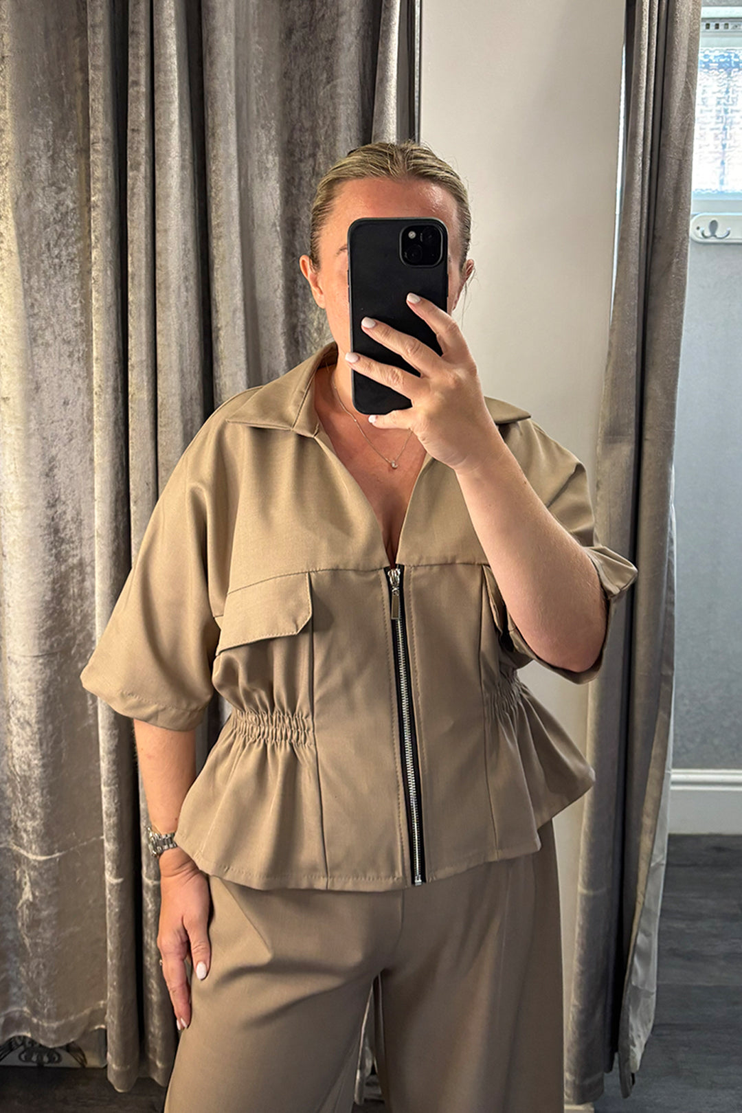 Taupe Elasticated Peplum Jacket & Wide Leg Trousers Co-ord
