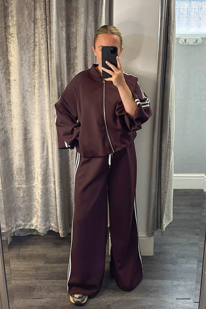 Aubergine Striped Zip Up Jacket & Wide Leg Joggers Loungesuit