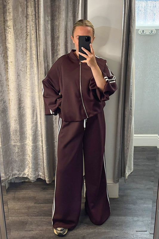Aubergine Striped Zip Up Jacket & Wide Leg Joggers Loungesuit