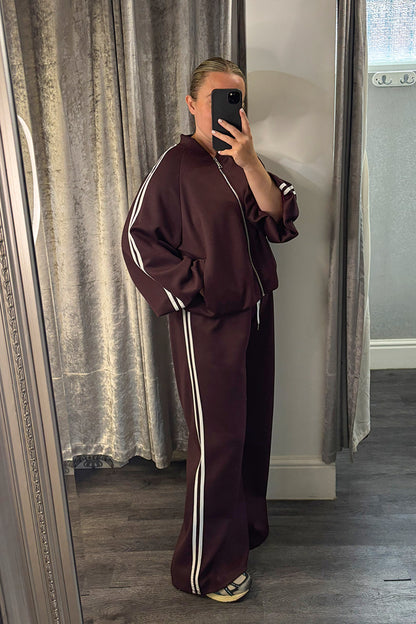 Aubergine Striped Zip Up Jacket & Wide Leg Joggers Loungesuit