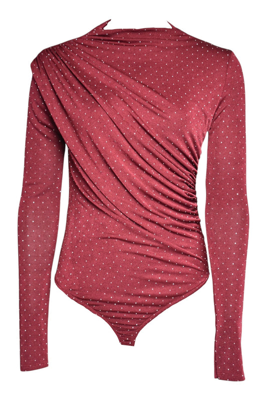Burgundy Diamante Ruched Long Sleeve Bodysuit