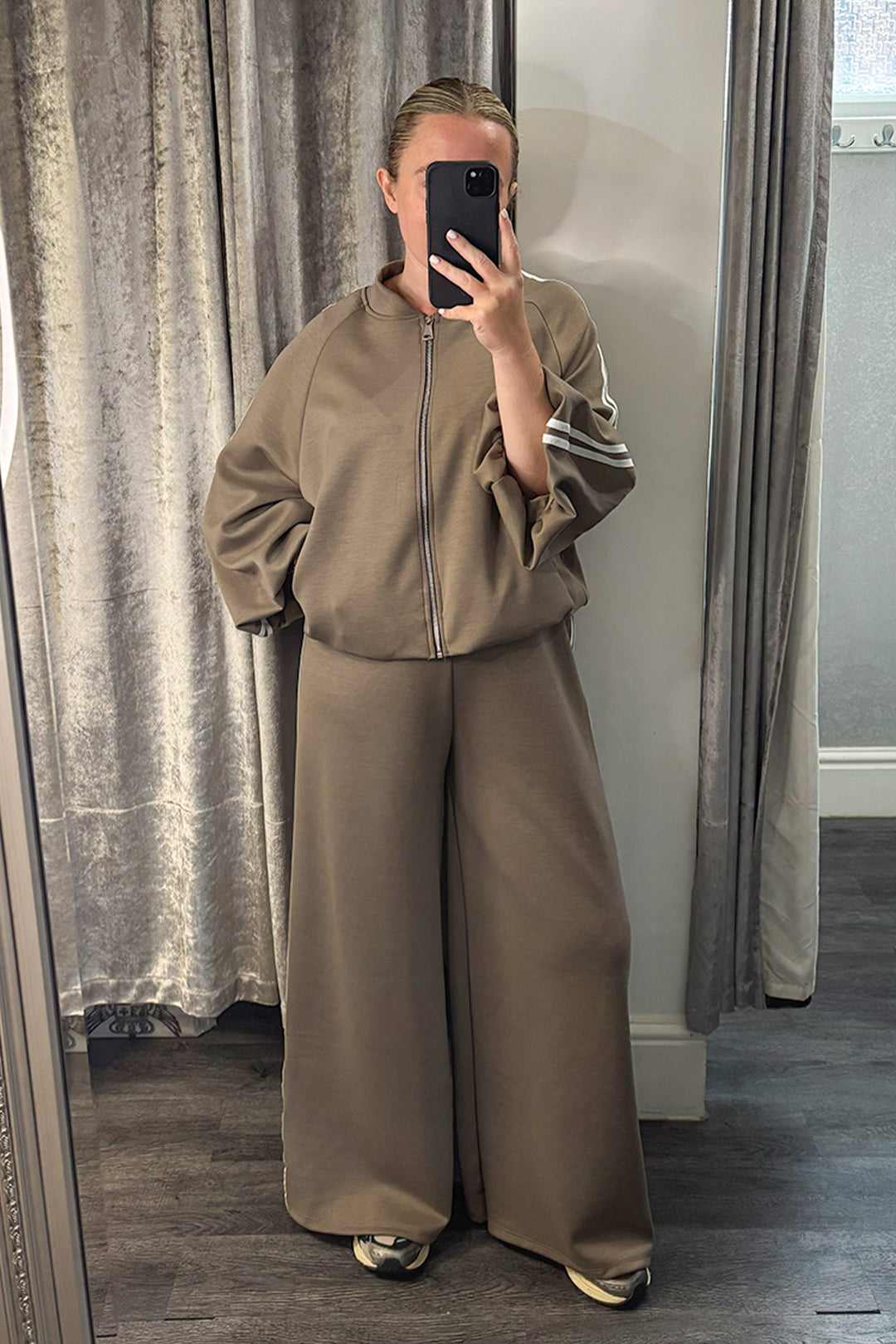 Taupe Striped Zip Up Jacket & Wide Leg Joggers