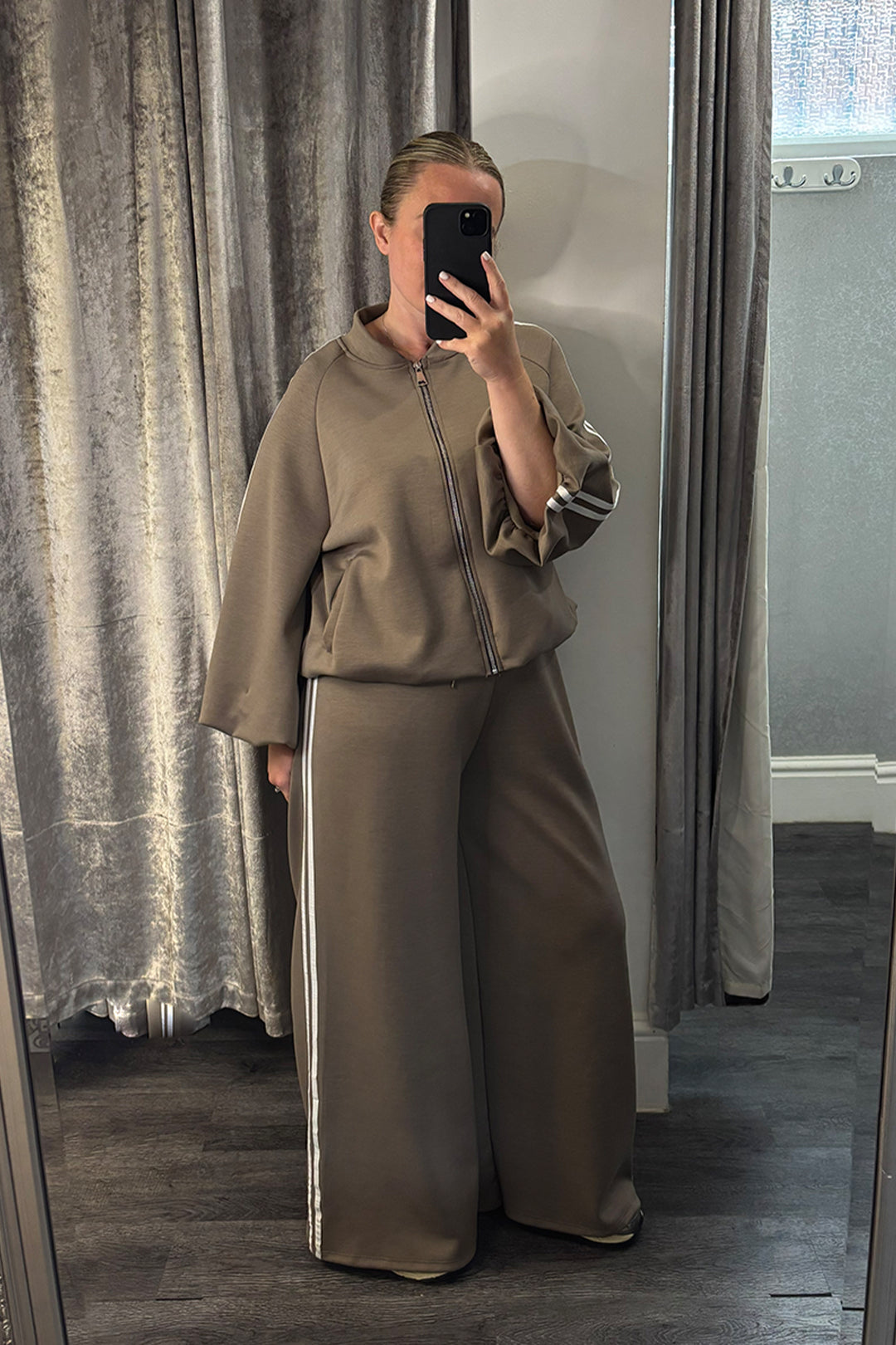 Taupe Striped Zip Up Jacket & Wide Leg Joggers