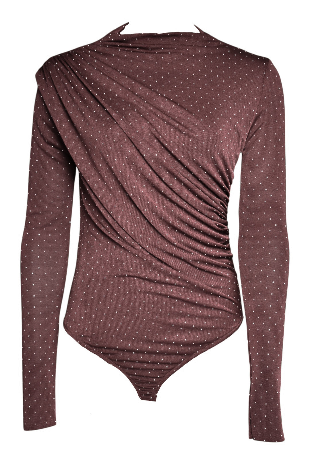 Brown Diamante Ruched Long Sleeved Bodysuit